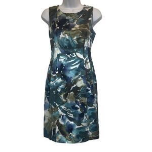 Jones New York Blue Green Watercolor Floral Sheath Silk Blend Cocktail Dress 4